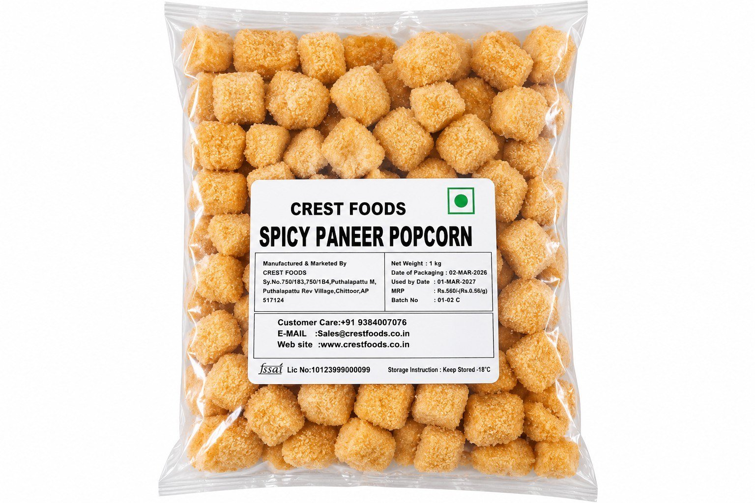 Spicy paneer popcorn 1kg - 100- 110 pieces