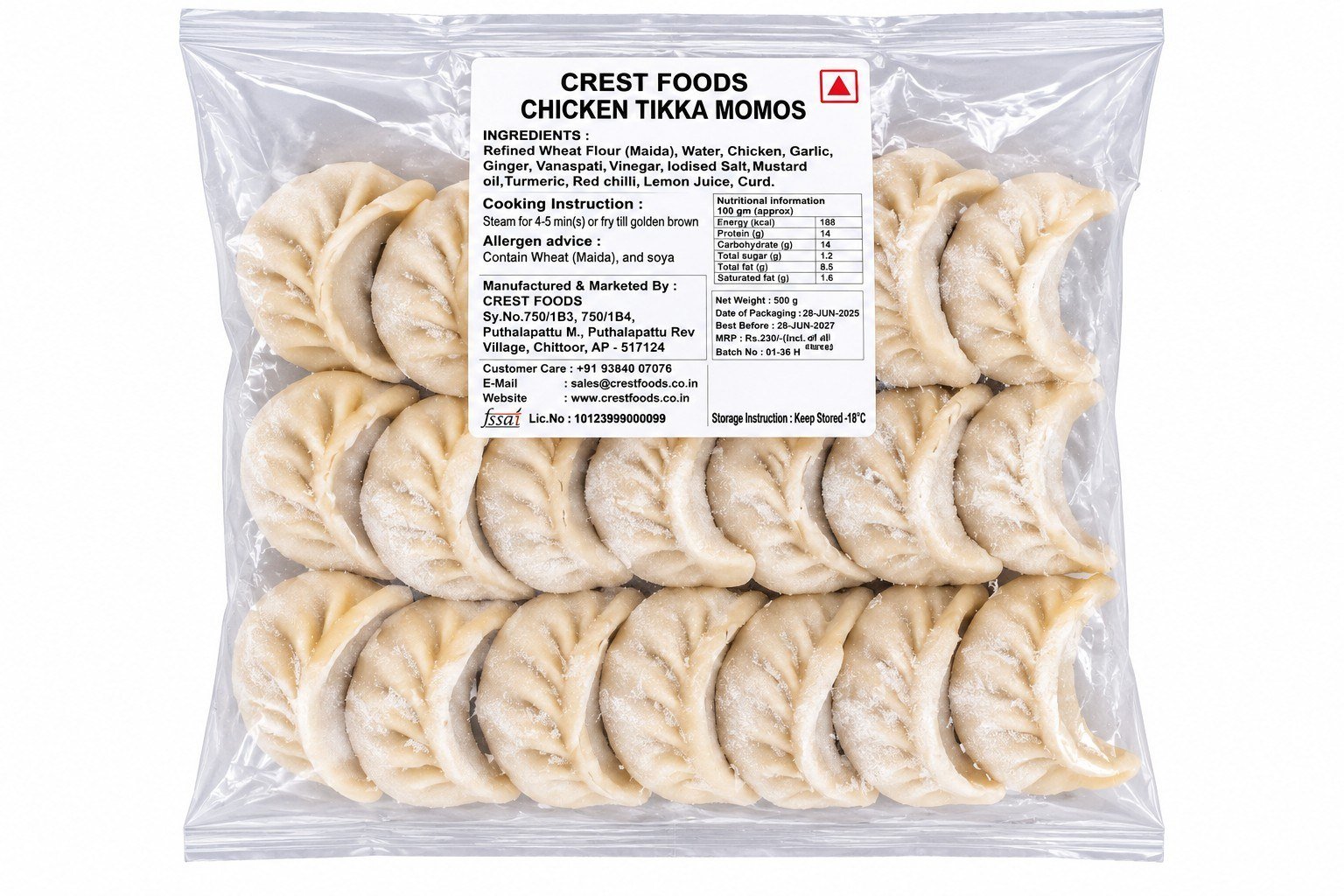 Crest chicken tikka momos 500g - 25 pieces